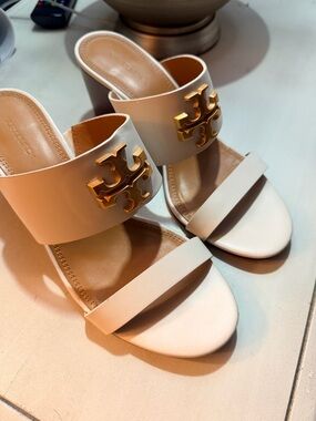 Tory Burch Cream Leather Logo Double-Strap Mules